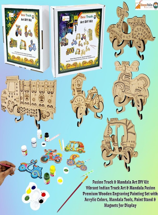 StepsToDo Mandala & Truck Art Kit | Vibrant Indian Art Fusion | Set of 5 Premium Wooden Pre-Engraving Cutout with Acrylic Colors, Mandala Tools, Painting/Display Stand. DIY Fridge Magnets. - Image 5